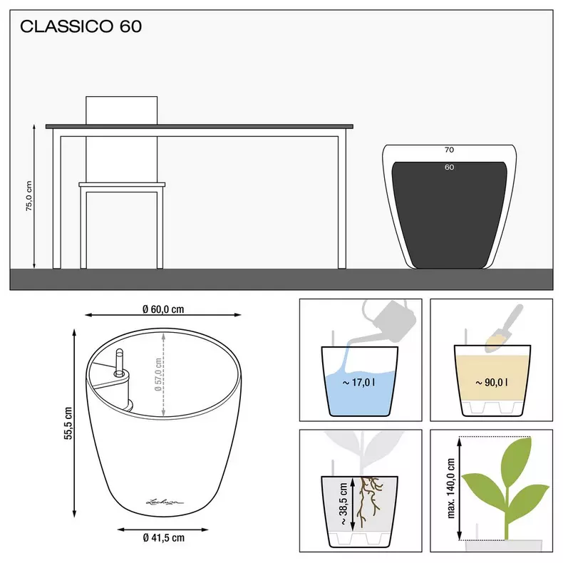 Large Lechuza Premium CLASSICO Self Watering Planters (60, White High Gloss)