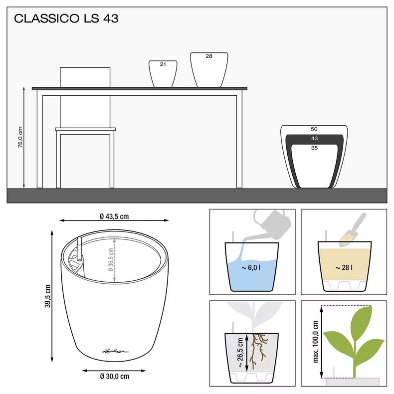 Lechuza CLASSICO LS PREMIUM Self-Watering Planter  (Black High-Gloss, CLASSICO LS 43)