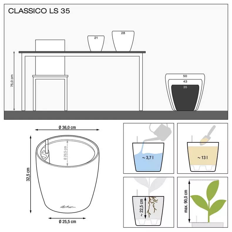 Lechuza CLASSICO LS PREMIUM Self-Watering Planter  (White High-Gloss, CLASSICO LS 35)