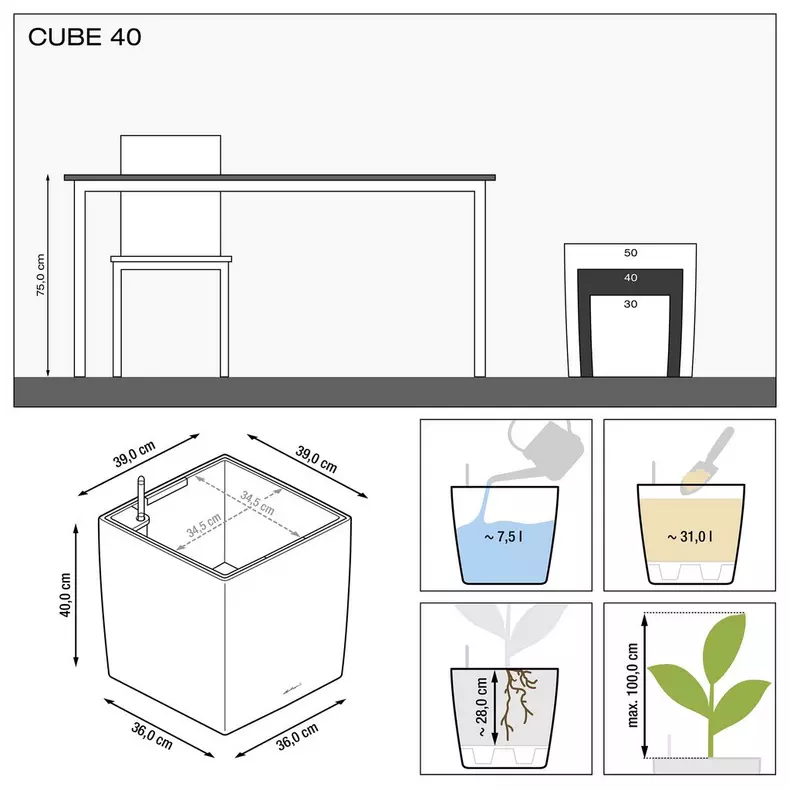 Lechuza CUBE Self Watering Planters (CUBE 40, Charcoal Metallic)