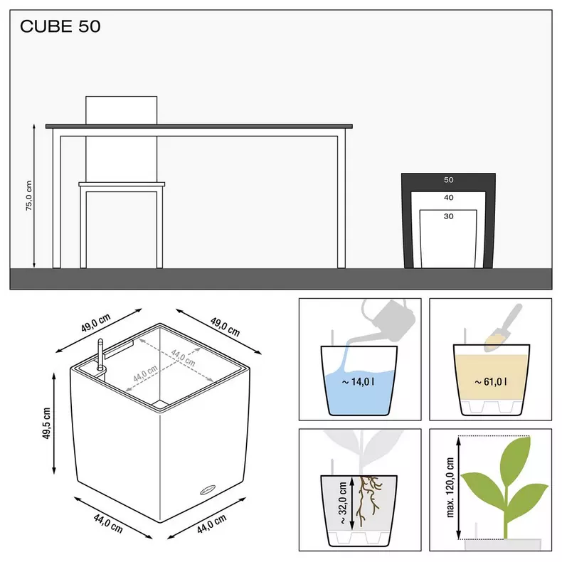 Lechuza CUBE Self Watering Planters (CUBE 50, Charcoal Metallic)