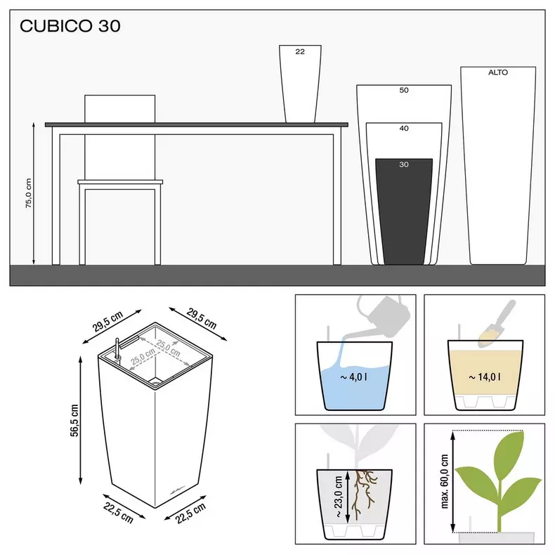 Lechuza CUBICO PREMIUM Self Watering Planter (CUBICO 30, Silver Metallic)