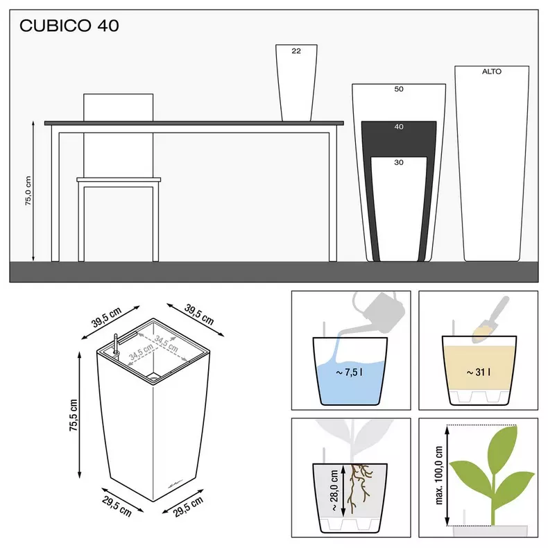 Lechuza CUBICO PREMIUM Self Watering Planter (CUBICO 40, White High Gloss)