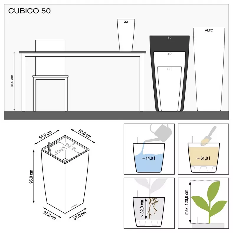 Lechuza CUBICO PREMIUM Self Watering Planter (CUBICO 50, Charcoal Metallic)