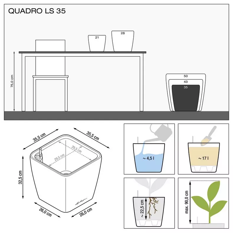 Lechuza QUADRO LS Premium Self Watering Planter  (QUADRO LS 35, Silver Metallic)