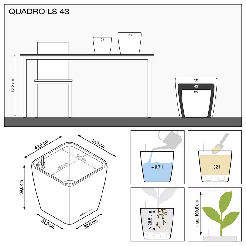 Lechuza QUADRO LS Premium Self Watering Planter  (QUADRO LS 43, Silver Metallic)