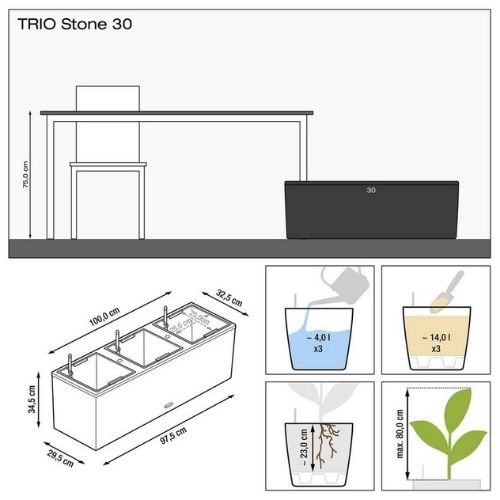 Lechuza TRIO Stone Self Watering Trough (Graphite Black)